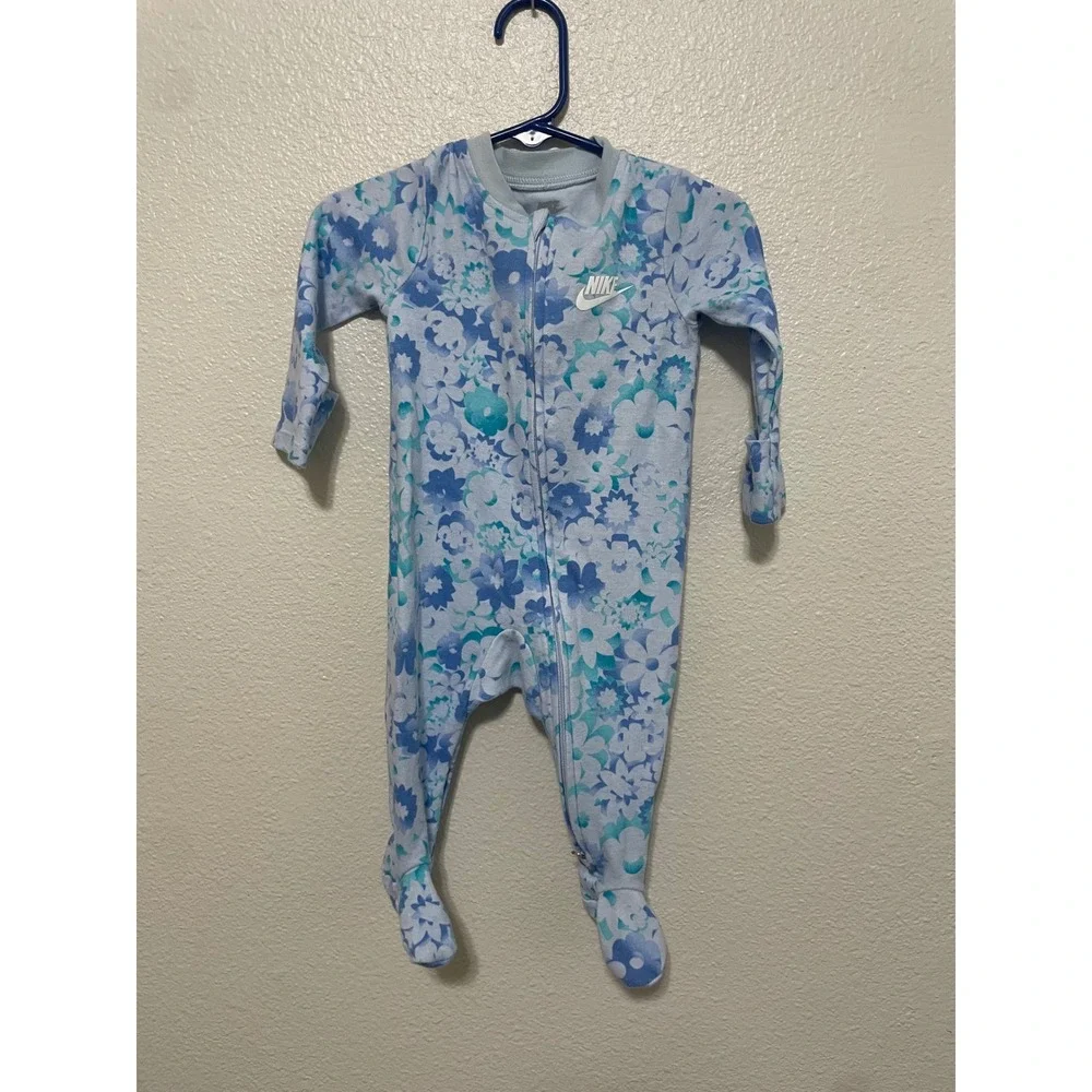 Nike Footed Sleeper Baby Girls 6M Blue Floral Excellent Zip Front Romper
